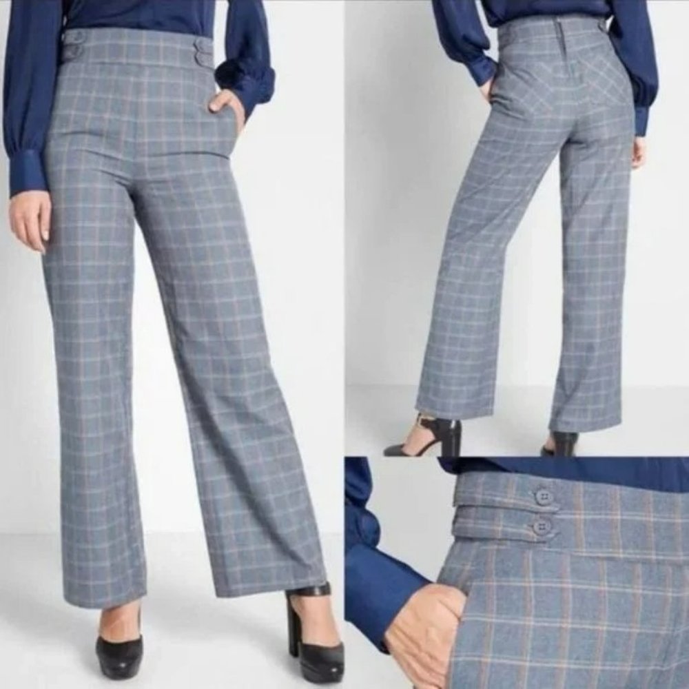 Modcloth Blue Gray Plaid Wide-Leg Pants